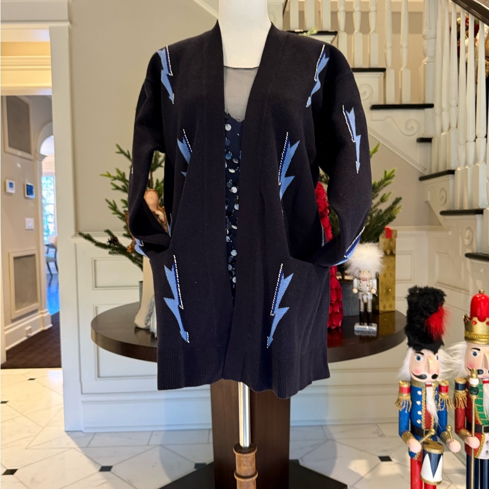 Sandro Black Jacket with Blue Lightning Design. Amazing with jeans.